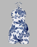 Tropical Print Halter Sleeveless Waist Romper Chic Tied Detail Backless Romper