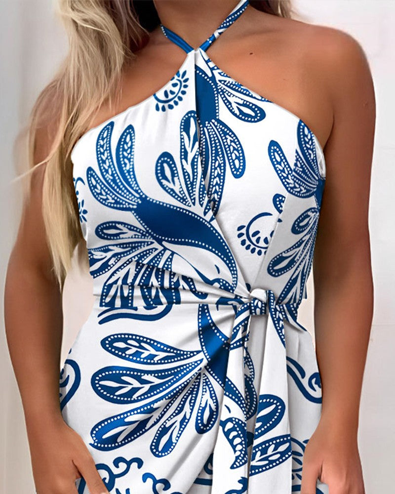 Tropical Print Halter Sleeveless Waist Romper Chic Tied Detail Backless Romper