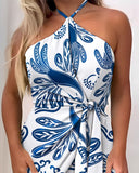 Tropical Print Halter Sleeveless Waist Romper Chic Tied Detail Backless Romper