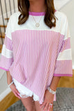 Khaki Stripe Patchwork Bracelet Sleeve Plus Size T Shirt