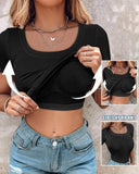 Built in Bra U neck Short Sleeve T shirt Rib knit Top