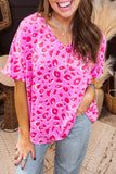 Pink Leopard V Neck Loose Short Sleeve Top