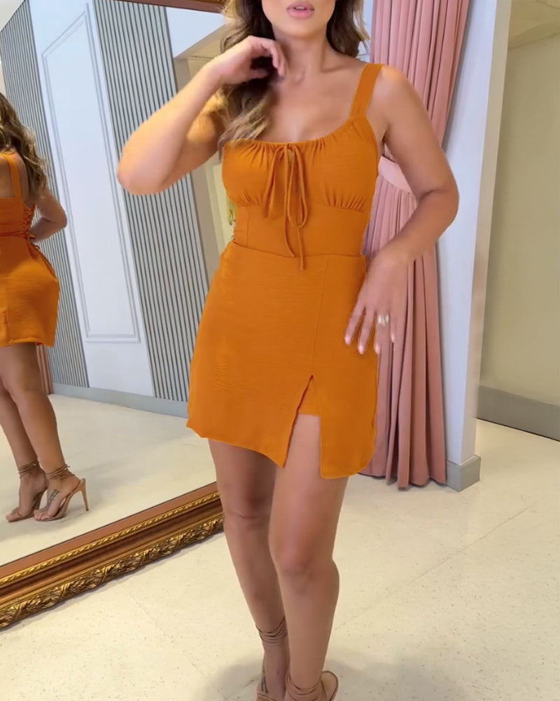 Leopard Square Neck Spaghetti Strap Romper Asymmetrical Lace up Slit Romper