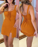 Leopard Square Neck Spaghetti Strap Romper Asymmetrical Lace up Slit Romper