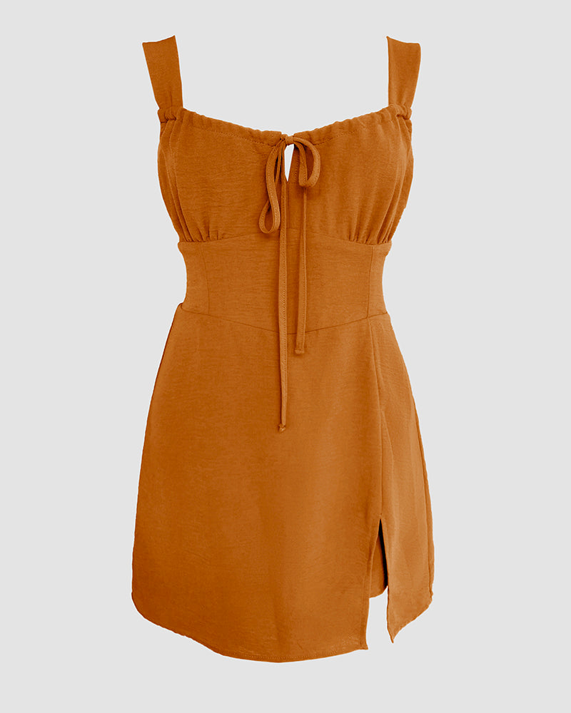 Leopard Square Neck Spaghetti Strap Romper Asymmetrical Lace up Slit Romper