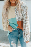 Khaki Ribbed Color Block Leopard Splicing Plus Size Top