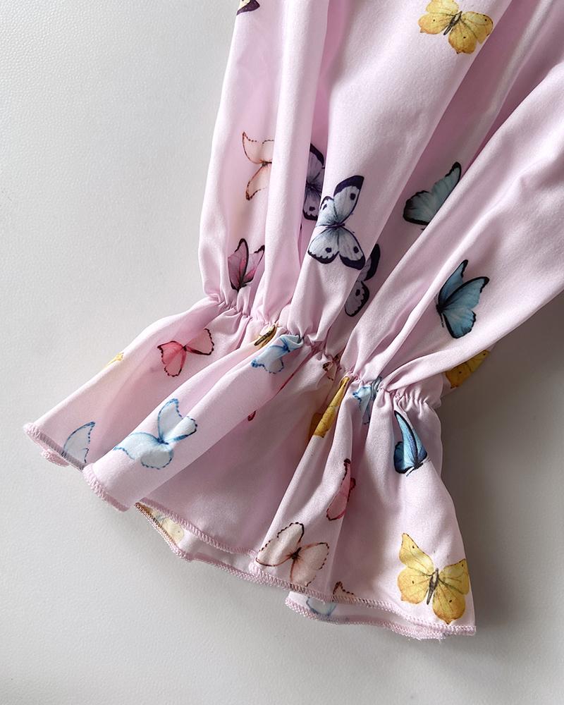 Butterfly Print Off the Shoulder Ruffles Blouse Casual Lantern Sleeve Top
