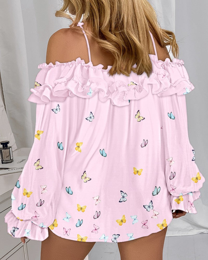 Butterfly Print Off the Shoulder Ruffles Blouse Casual Lantern Sleeve Top