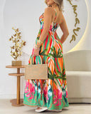 Animal & Plants Print Spaghetti Strap Shirred Maxi Dress Casual A Line Waist Flared Dress