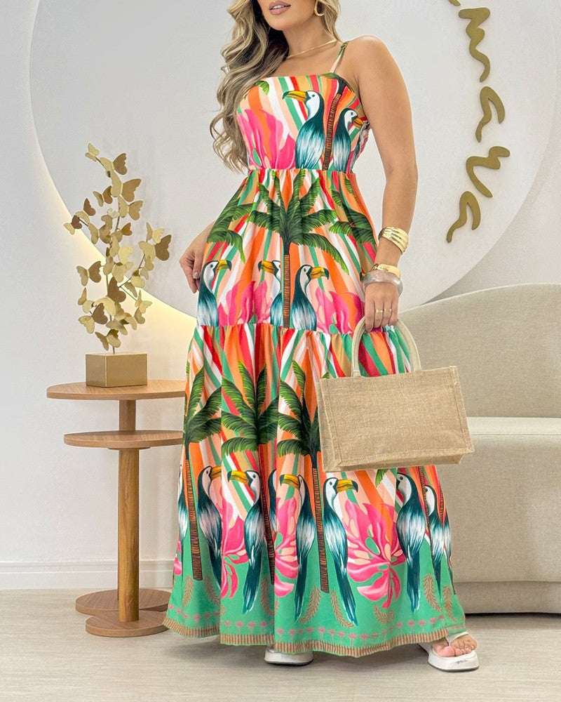 Animal & Plants Print Spaghetti Strap Shirred Maxi Dress Casual A Line Waist Flared Dress