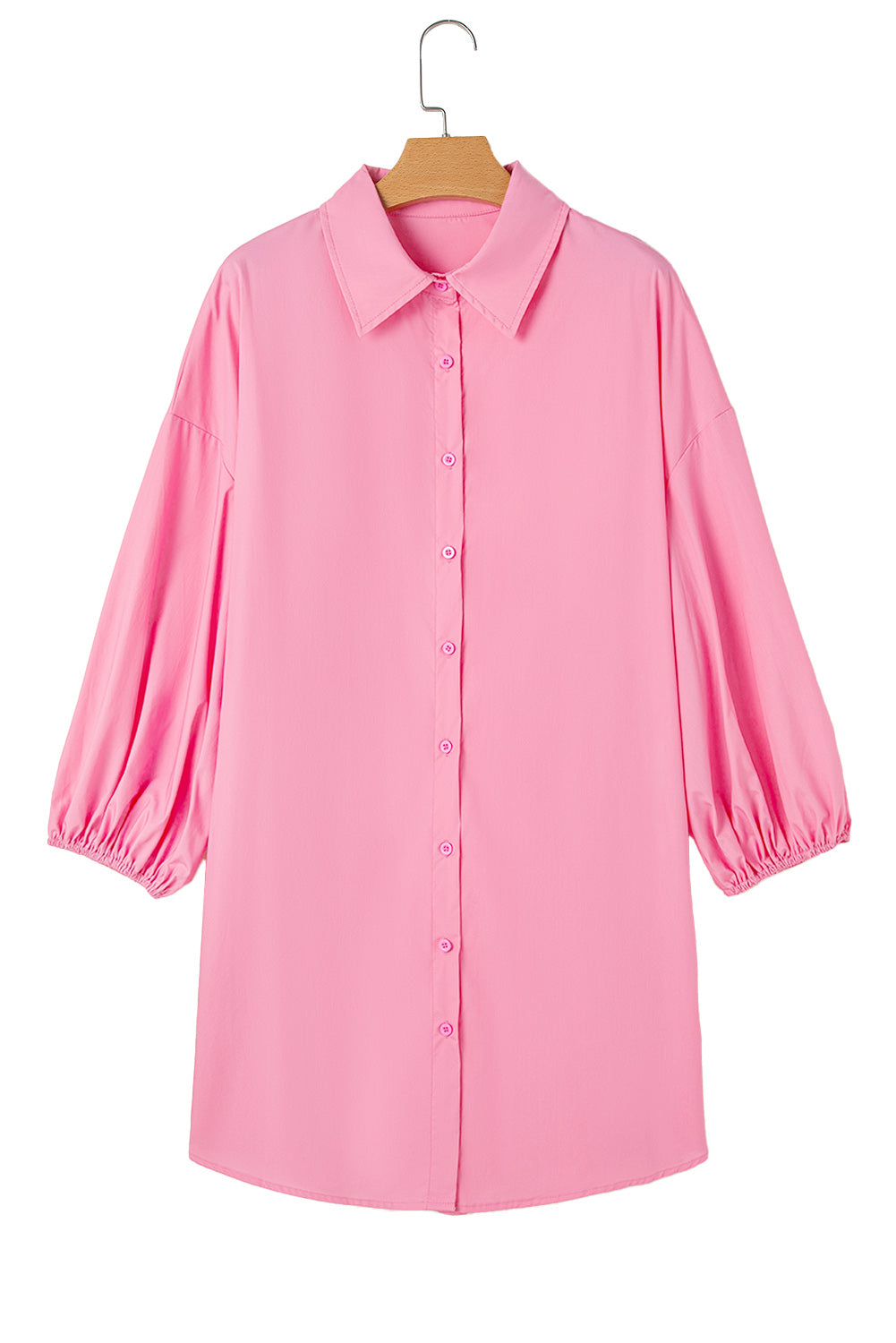 Bright Pink Balloon Sleeve Button Up Mini Shirt Dress