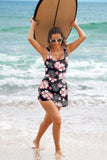 Black Floral Print Twisted Hollowed Back Swim Dress