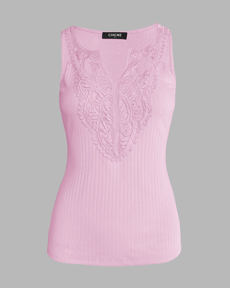 Contrast Lace V Neck Sleeveless Knit Top Casual Slim Fit Tank