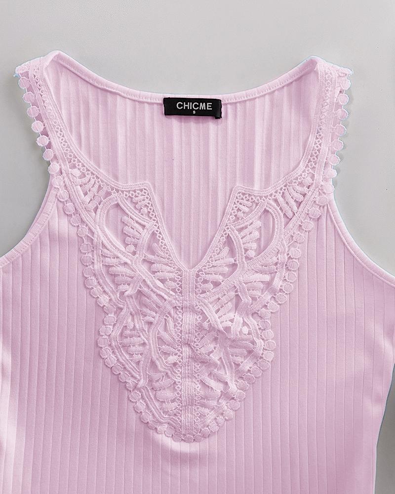 Contrast Lace V Neck Sleeveless Knit Top Casual Slim Fit Tank