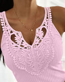 Contrast Lace V Neck Sleeveless Knit Top Casual Slim Fit Tank