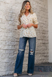 White Floral Eyelet Embroidered Puff Sleeve Notch V Neck Blouse