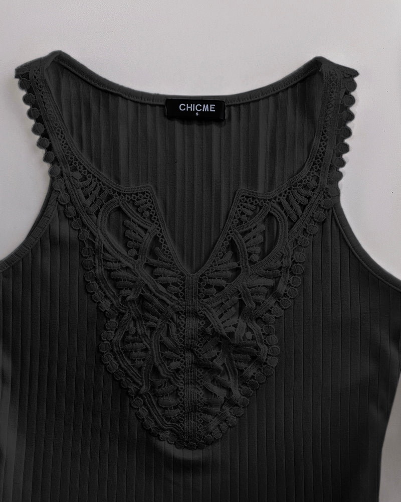 Contrast Lace V Neck Sleeveless Knit Top Casual Slim Fit Tank