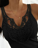 Contrast Lace V Neck Sleeveless Knit Top Casual Slim Fit Tank