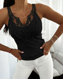 Contrast Lace V Neck Sleeveless Knit Top Casual Slim Fit Tank