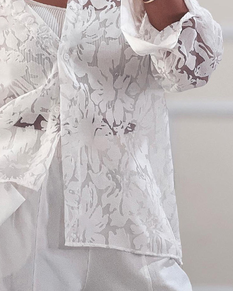 Turn down Collar Long Sleeve Sheer Lace Blouse