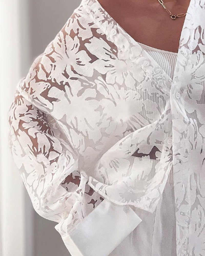 Turn down Collar Long Sleeve Sheer Lace Blouse