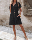 Turn down Collar Short Sleeve Dress Casual Button Dress with Pocket