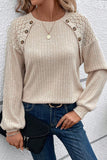 Beige Plus Size Lace Patchwork Buttons Waffle Knit Top