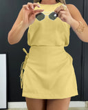 2 Pieces Outfit Round Neck Sleeveless Top and Side Tied Detail Elastic Waist Back Shorts Set