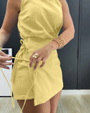 2 Pieces Outfit Round Neck Sleeveless Top and Side Tied Detail Elastic Waist Back Shorts Set