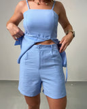 2 Pieces Outfit Square Neck Sleeveless Irregular Cut Drawstring Top and Casual Slim Fit Shorts Set With Pockets