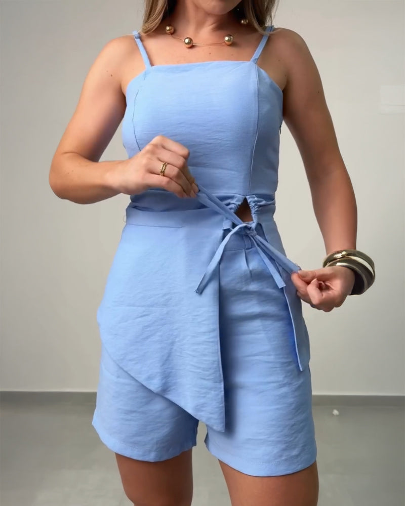 2 Pieces Outfit Square Neck Sleeveless Irregular Cut Drawstring Top and Casual Slim Fit Shorts Set With Pockets