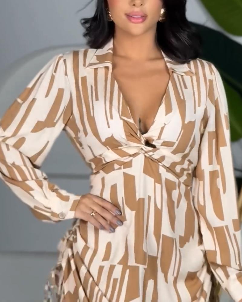 All Over Print Side Drawstring Twisted Shirt Dress