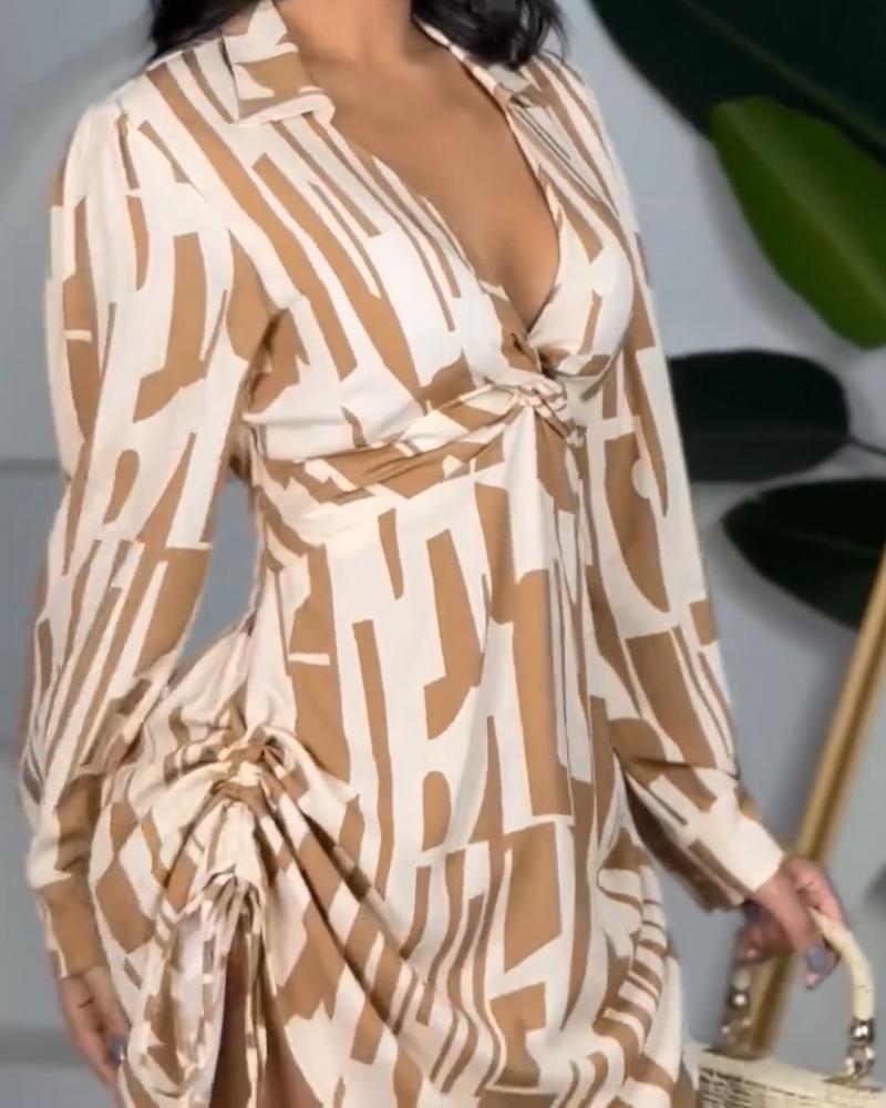 All Over Print Side Drawstring Twisted Shirt Dress