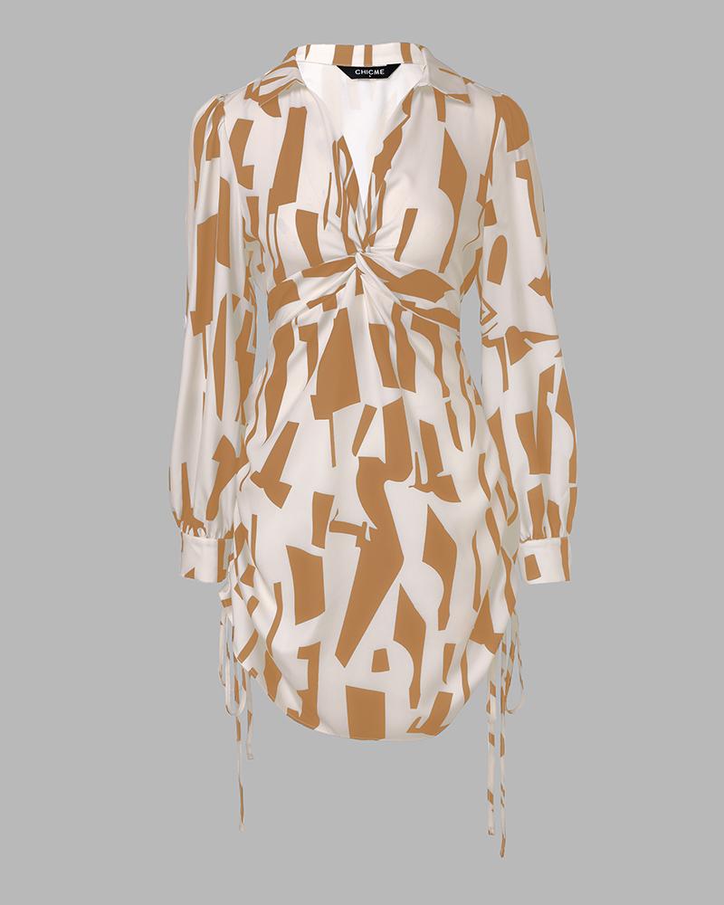 All Over Print Side Drawstring Twisted Shirt Dress