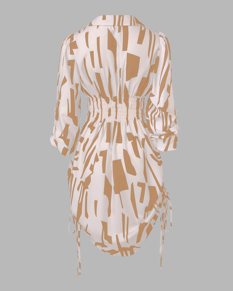 All Over Print Side Drawstring Twisted Shirt Dress