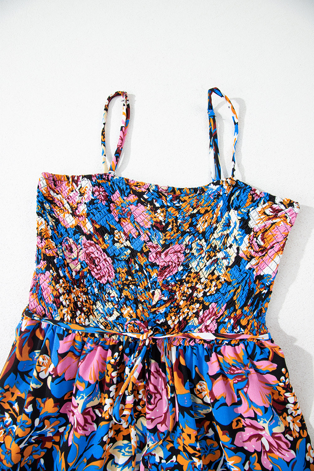 Pink Floral Smocked Bust Spaghetti Straps Wide Leg Jumpsuit