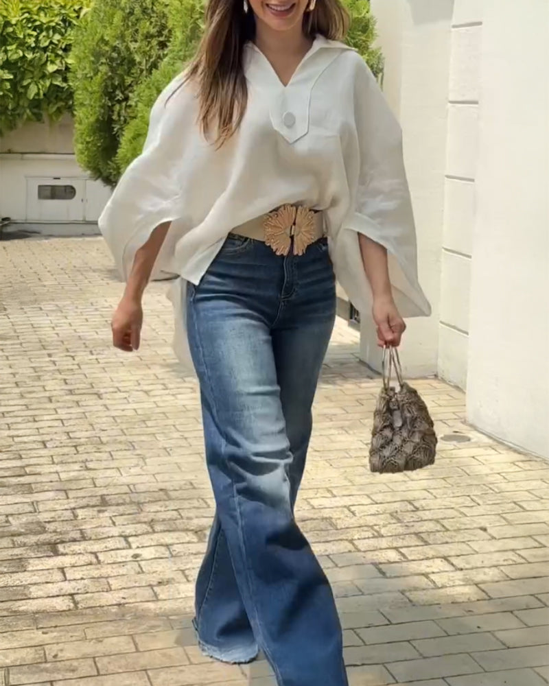 V Neck Batwing Sleeve Button Decor Loose Linen Texture Casual Top