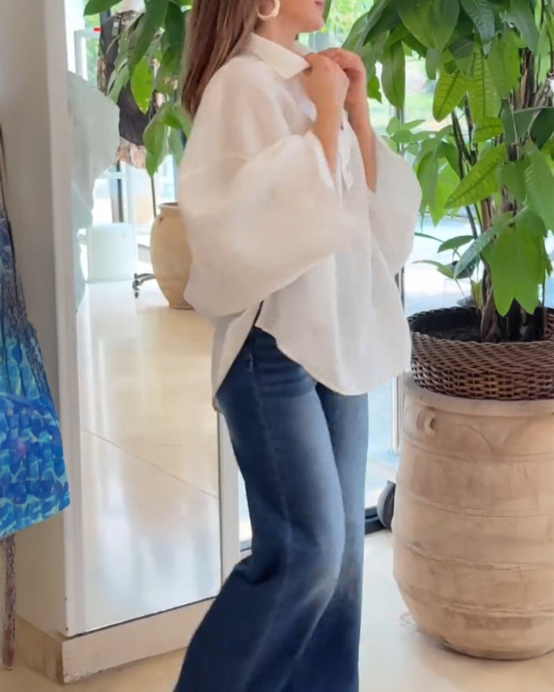 V Neck Batwing Sleeve Button Decor Loose Linen Texture Casual Top