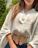 V Neck Batwing Sleeve Button Decor Loose Linen Texture Casual Top