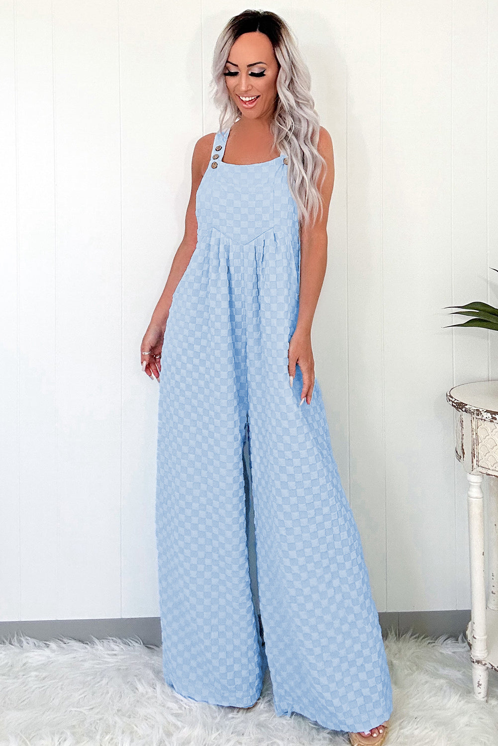 Beau Blue Checkered Pocketed High Waist Wide Leg Overall