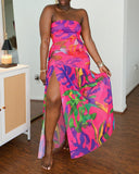 Tropical Floral Print Bandeau Maxi Dress Casual Sheer Mesh Patch Slit Dress