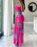 Tropical Floral Print Bandeau Maxi Dress Casual Sheer Mesh Patch Slit Dress