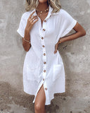 Turn down Collar Short Sleeve Dress Casual Button Dress with Pocket