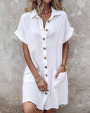 Turn down Collar Short Sleeve Dress Casual Button Dress with Pocket