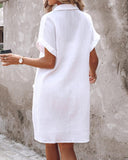 Turn down Collar Short Sleeve Dress Casual Button Dress with Pocket