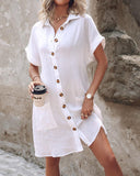 Turn down Collar Short Sleeve Dress Casual Button Dress with Pocket
