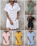 Turn down Collar Short Sleeve Dress Casual Button Dress with Pocket