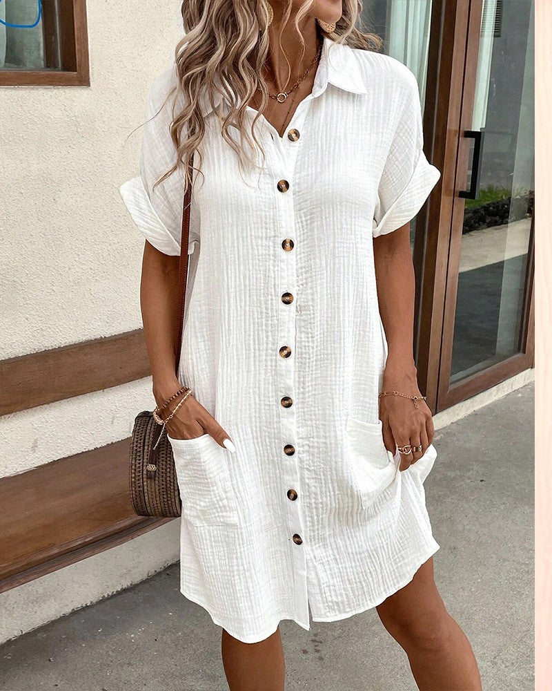 Turn down Collar Short Sleeve Dress Casual Button Dress with Pocket