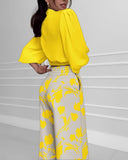 2 Pieces Outfit Wrap V Neck Crop Blouse and Casual Floral Print Wide Leg Pants Set