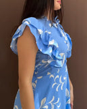 Floral Print Tie Neck Shoulder Ruffles Maxi Dress Casual Waist Shirred A Line Dress